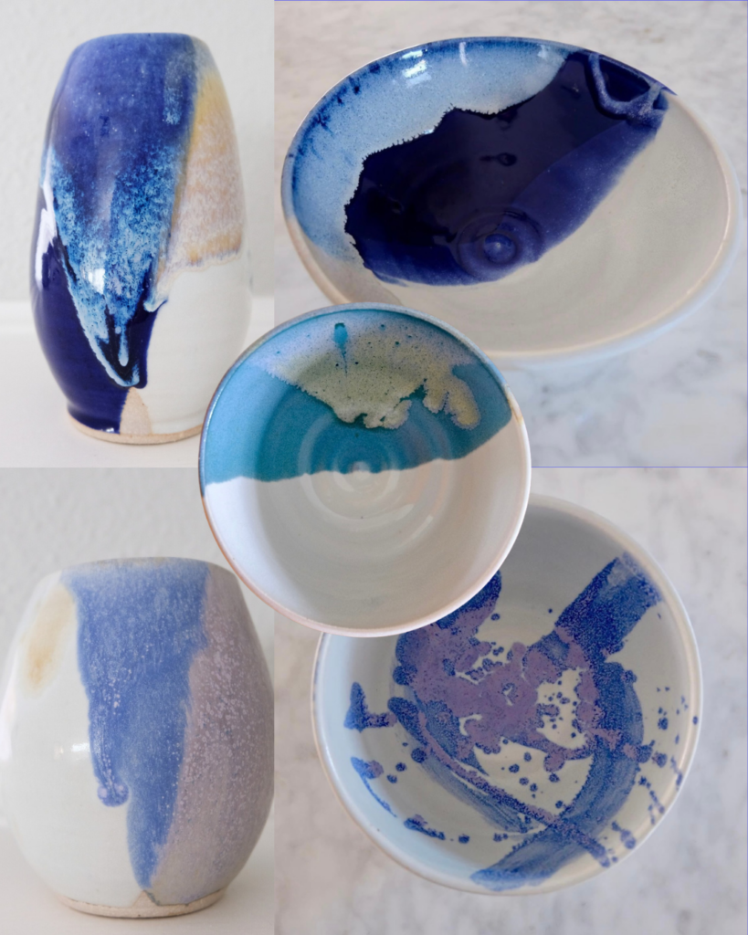 blue and white handmade ceramic bowls and vases by Houston ceramicist Ryah Barazi