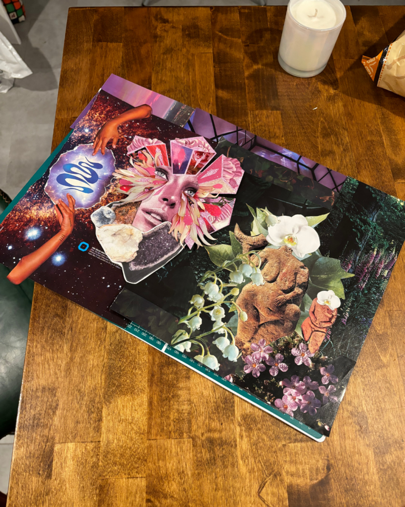 a large collage featuring art that is found on our candle labels: wo hands reaching out to each other over swirling designs and a background of the milky way galaxy, woman's face surrounded by florals and gemstones, and two ancient-looking stone figures of voluptuous women's bodies amongst a bed of leaves and flowers. 